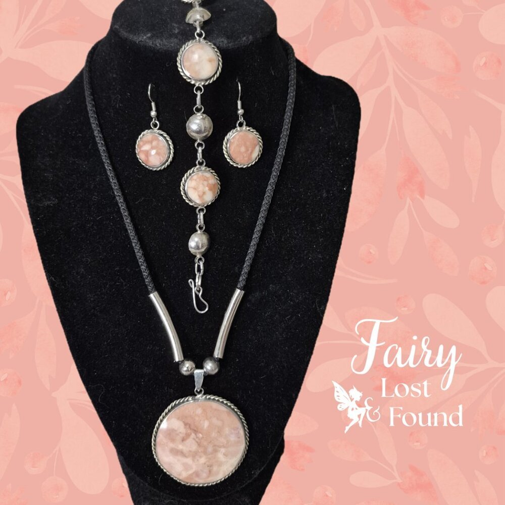 Vintage Pink Natural Stone & Silver Tone Artisan Set - Pendant Bracelet Earrings